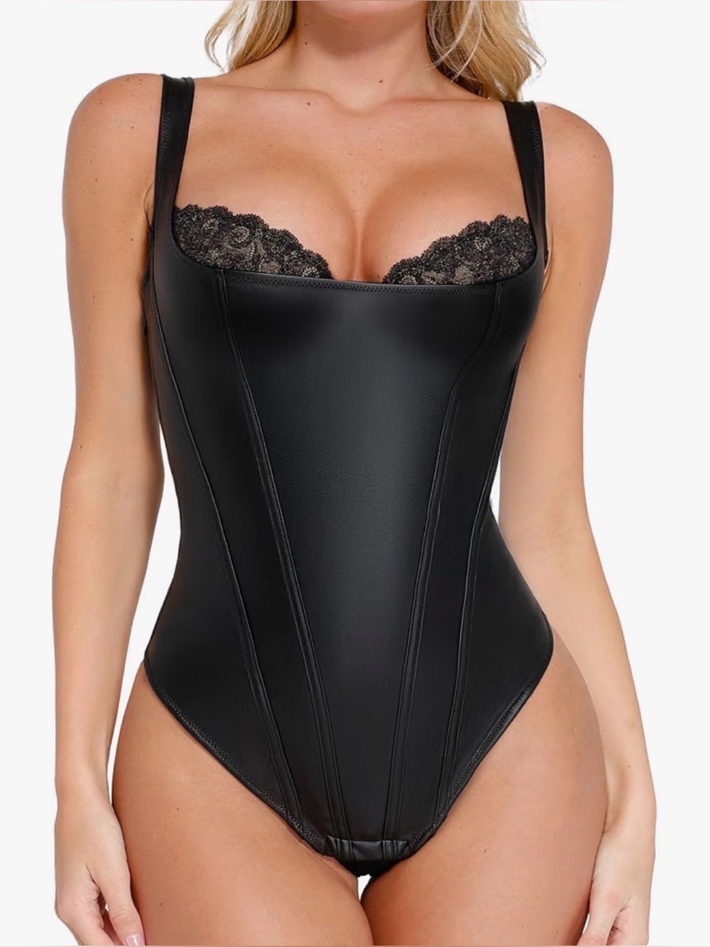 Popilush Shapewear Bodysuit Tummy Control Lace Corset Tank Tops Faux Leather